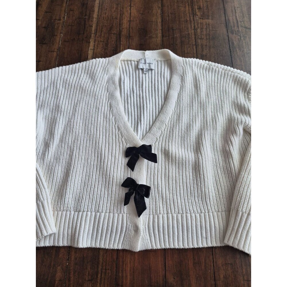 Pink Rose White Knit Cardigan With Black Velvet Bows size L